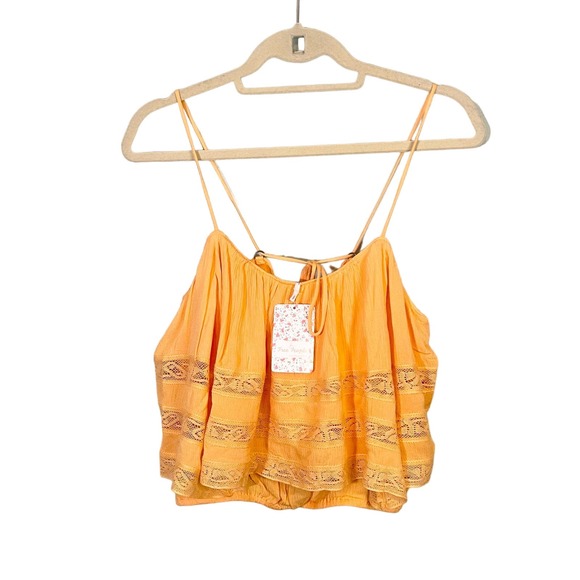 Free People Women's Orange Lace Spaghetti Home Again Cami Cropped Top Small NWT - Picture 1 of 9